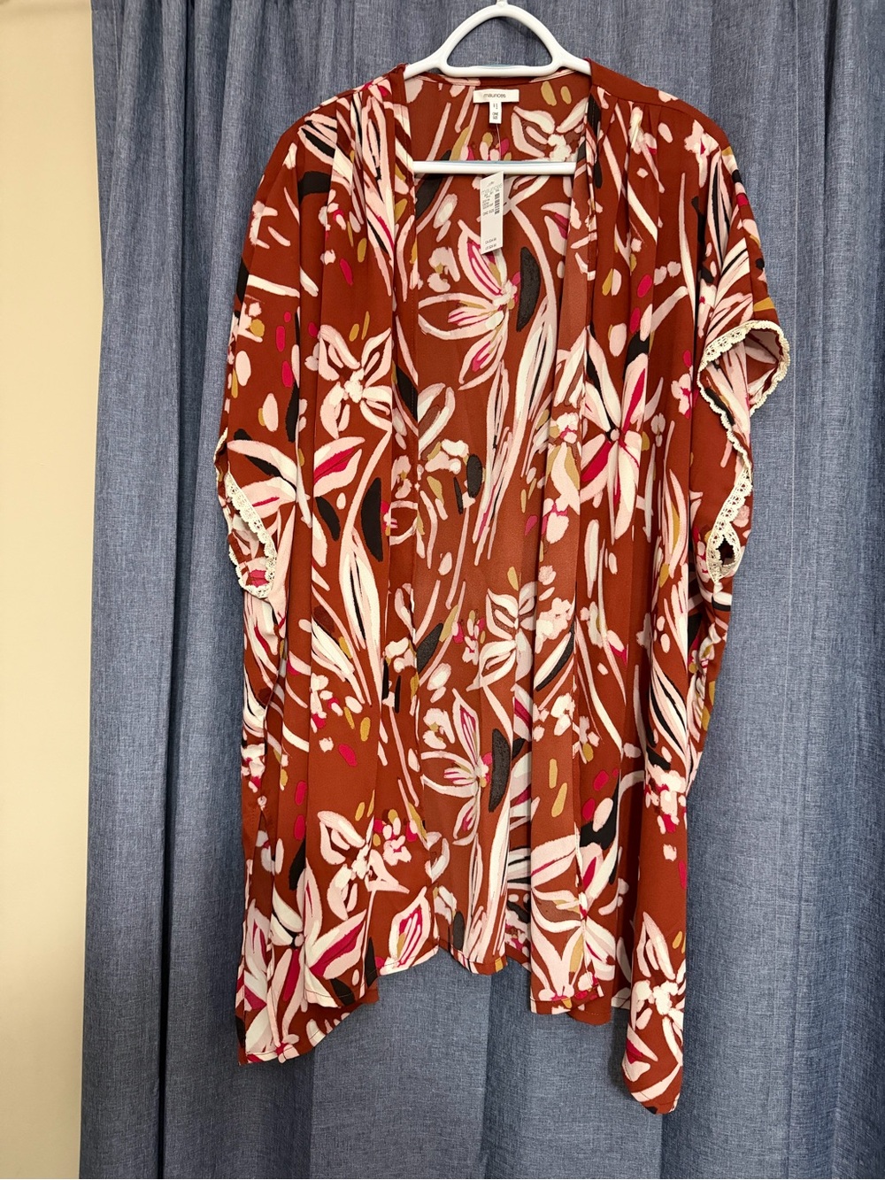 Maurices Rust Floral Open-Front Kimono with Pink Accents OS NWT